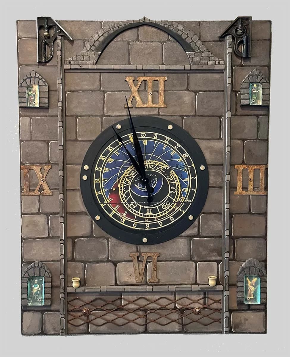 Ornate mixed-media astronomical clock with Roman numerals, working mechanism, and decorative tile accents mounted on stone facade.